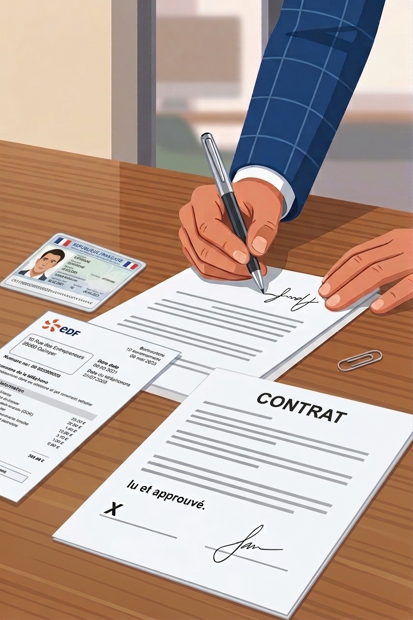 Signature d’un contrat de domiciliation d’entreprise ou location de brueau avec pièce d’identité et justificatif de domicile