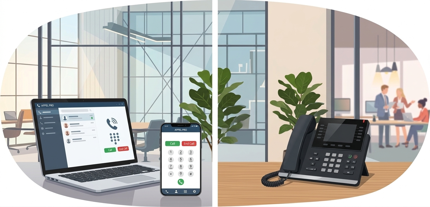 Option téléphone professionnel pour domiciliation d’entreprise à Quimper avec ordinateur, mobile et téléphone fixe